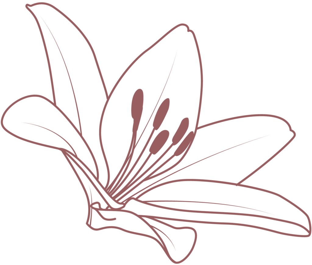 Logo with white background and maroon outline of a lily